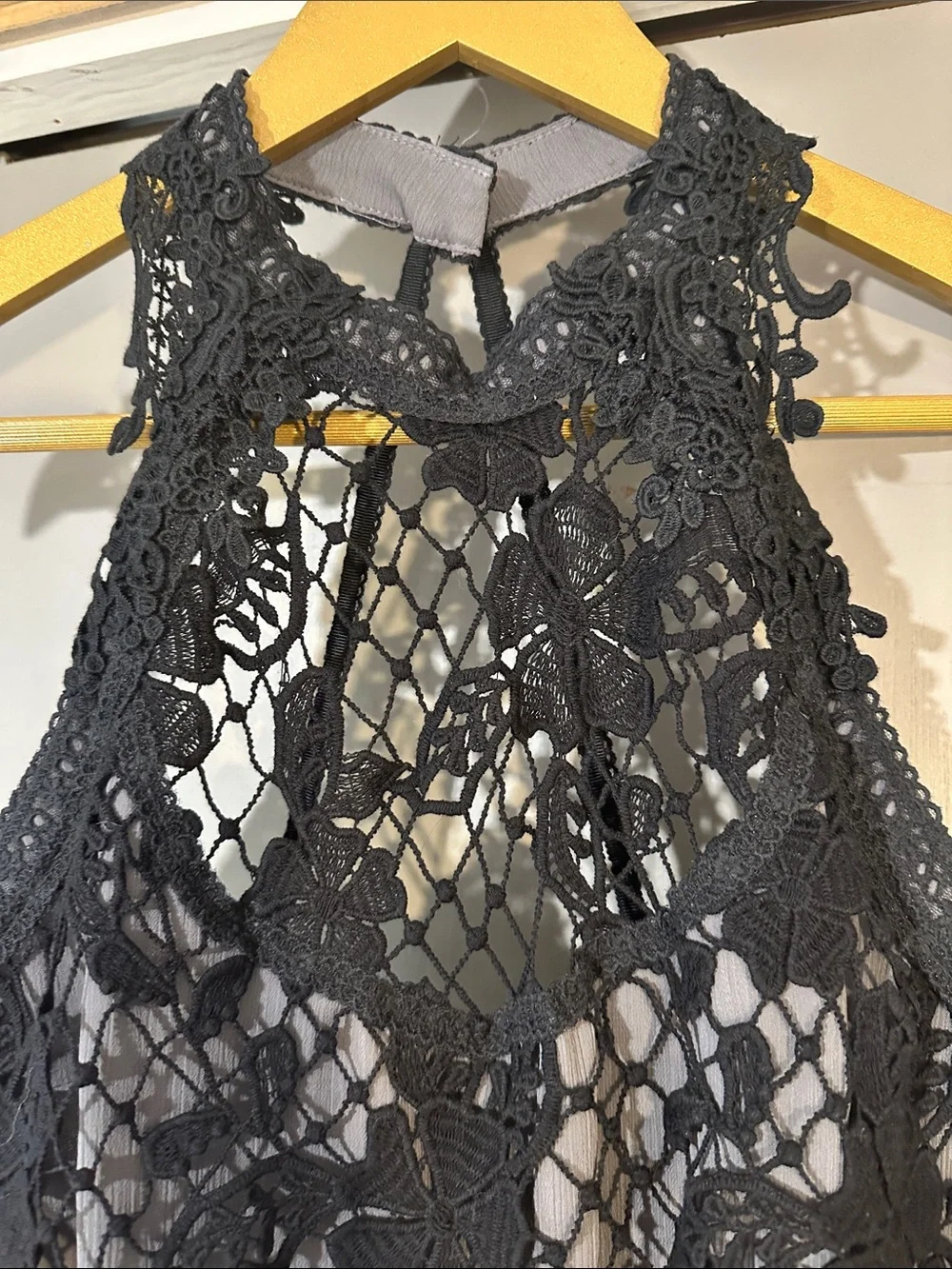 Free People Black Crochet Lace Mini Dress Size Small Sheer Boho Festival Dress
